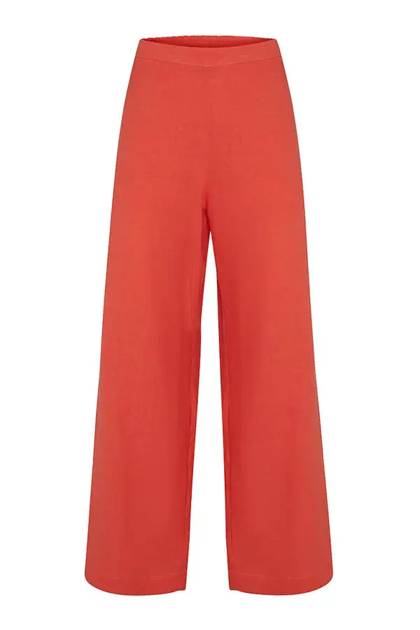 Back Elastic Waist Linen Pants-Coral - 1