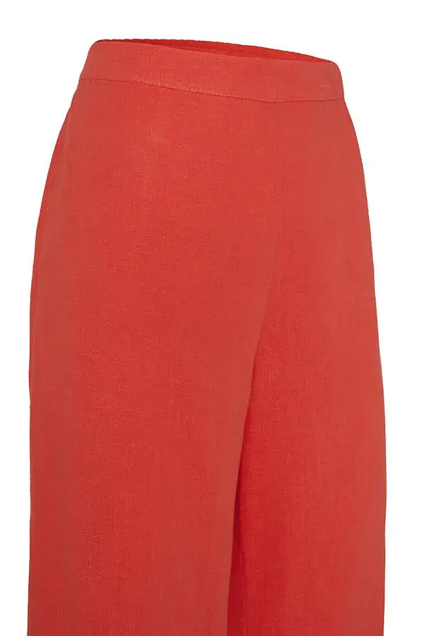 Back Elastic Waist Linen Pants-Coral - 2