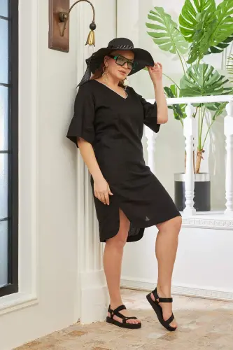 Back Lace-Up Detail Slit Plus Size Black Linen Dress - BÜYÜKBEDENIZ (1)