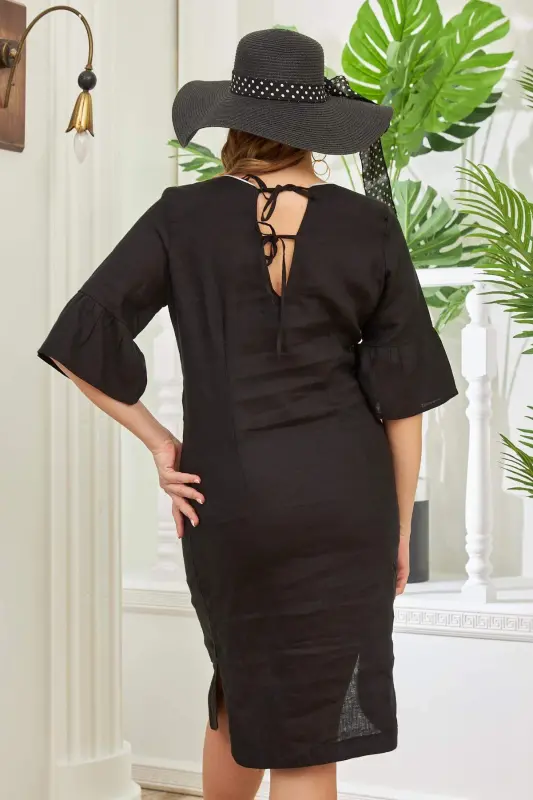 Back Lace-Up Detail Slit Plus Size Black Linen Dress - 4