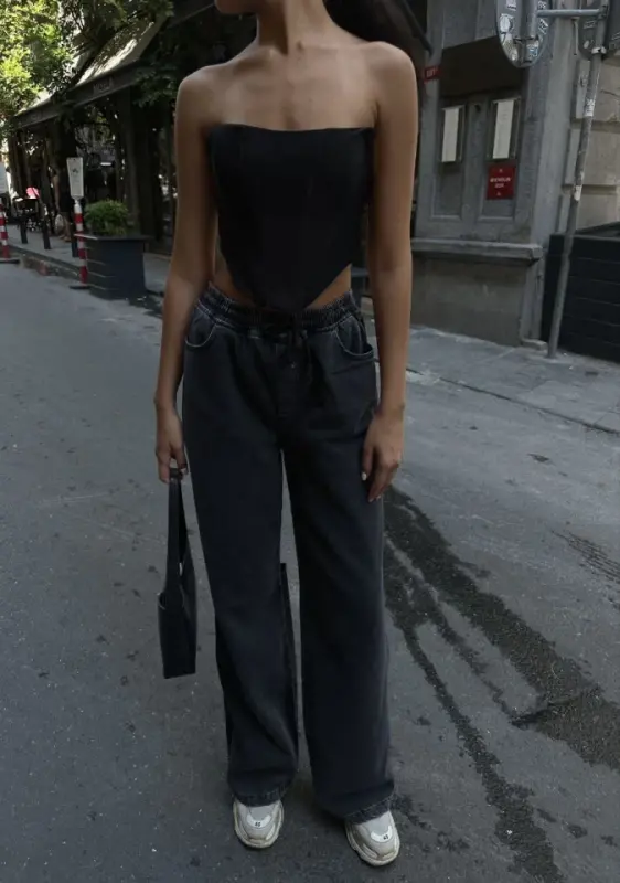 Back Slit Jeans Denim Palazzo Pants - Black - BÜYÜKBEDENIZ