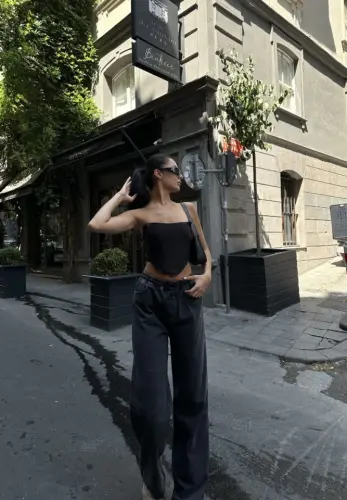 Back Slit Jeans Denim Palazzo Pants - Black - 3