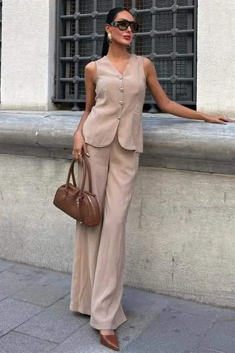 Back Tie Vest Plazza Pants Modal Set 10202-08 - BÜYÜKBEDENIZ