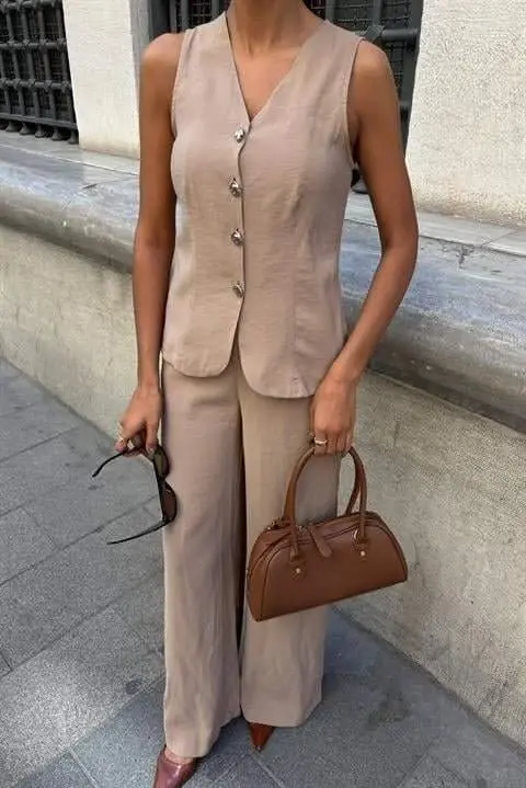 Back Tie Vest Plazza Pants Modal Set 10202-08 - 3