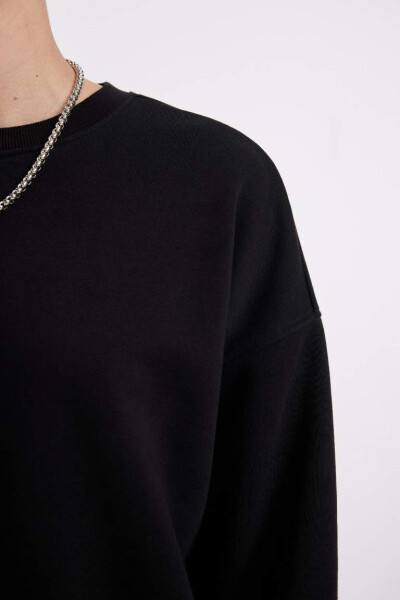 Back to School Oversized Loose Fit Crewneck Basic Plain Thick Sweatshirt Black - 5