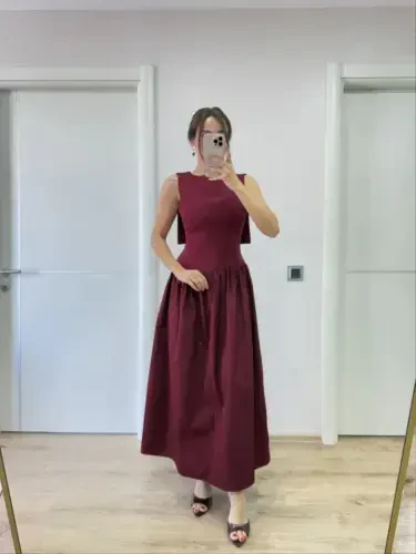 Back Winged Long Dress- Burgundy - 3