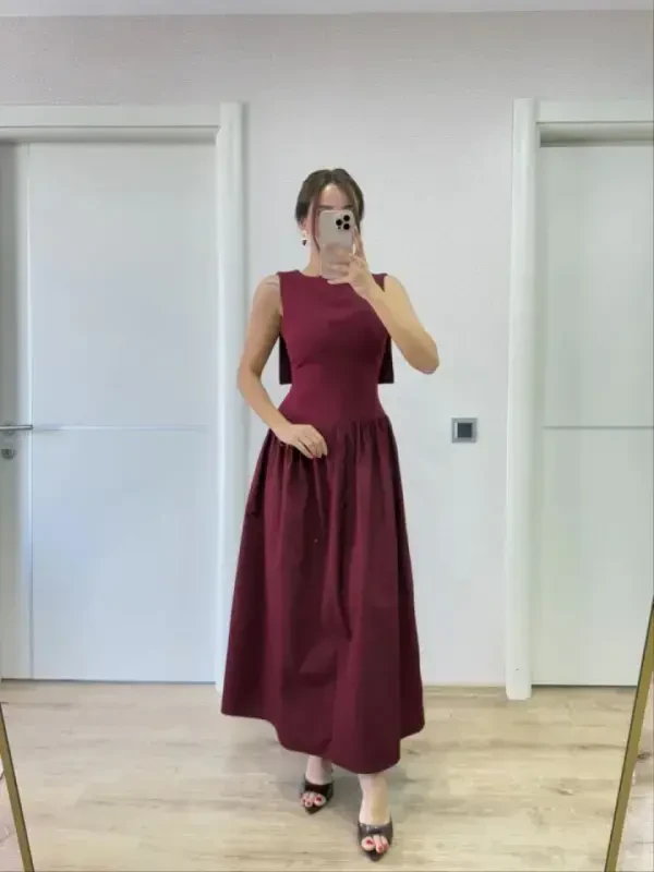 Back Winged Long Dress- Burgundy - 3