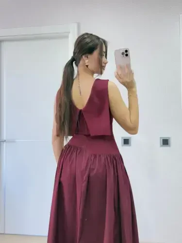 Back Winged Long Dress- Burgundy - 4