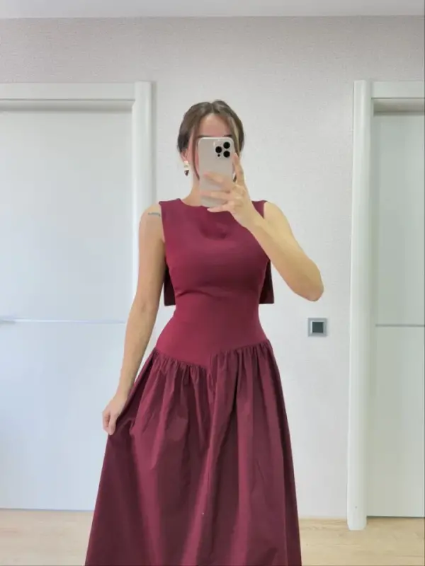 Back Winged Long Dress- Burgundy - BÜYÜKBEDENIZ