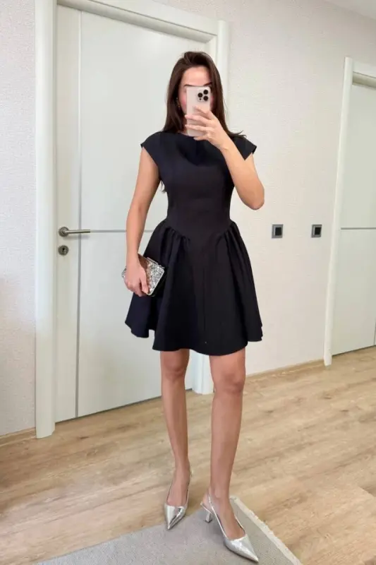 Backless Bell Sleeve Mini Dress - Black - 1