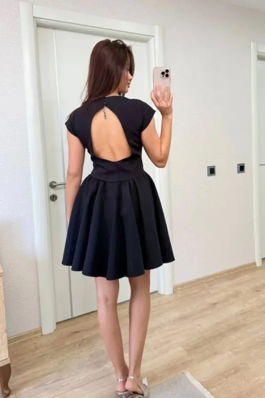 Backless Bell Sleeve Mini Dress - Black - 2
