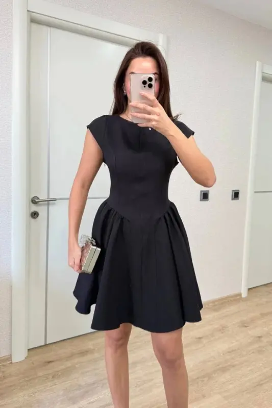 Backless Bell Sleeve Mini Dress - Black - 3