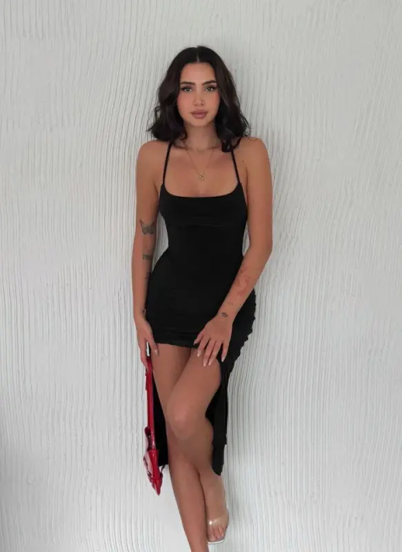 Backless Deep Slit Strap Dress - Black - 1