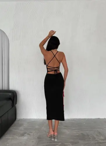 Backless Deep Slit Strap Dress - Black - 3