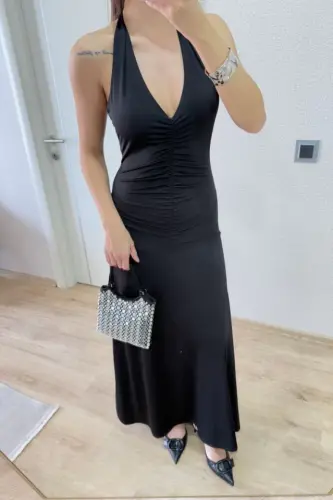 Backless Long Sleeve Dress - Black - 3