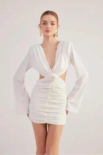 Backless Rose Detailed Mini Hanna Dress White - 2