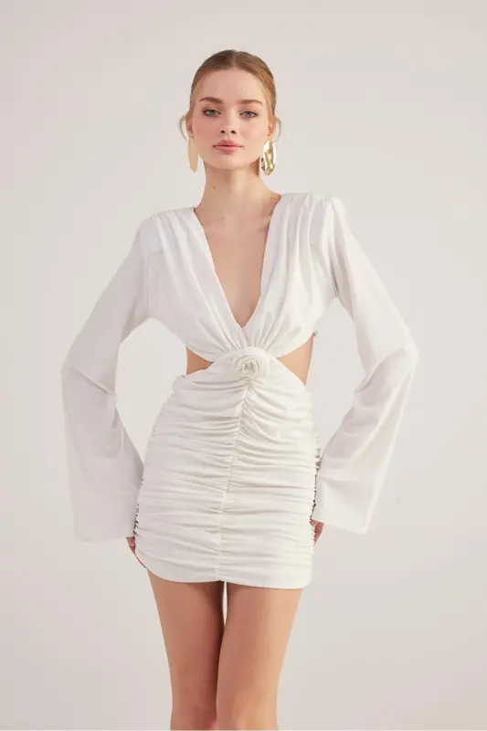 Backless Rose Detailed Mini Hanna Dress White - 2