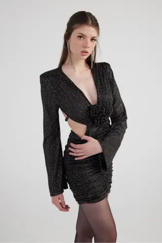 Backless Shiny Fabric Mini Wendy Dress Black - 4