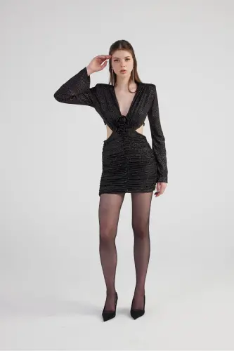 Backless Shiny Fabric Mini Wendy Dress Black - 5