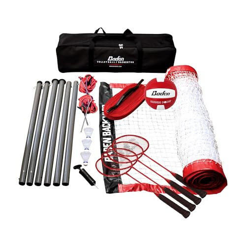 Baden Champions Volleyball/Badminton Portable Combo Set, 4 Raquets + 3 Birdies + Boundary + Volleyball + Pump + Carry Bag - 1