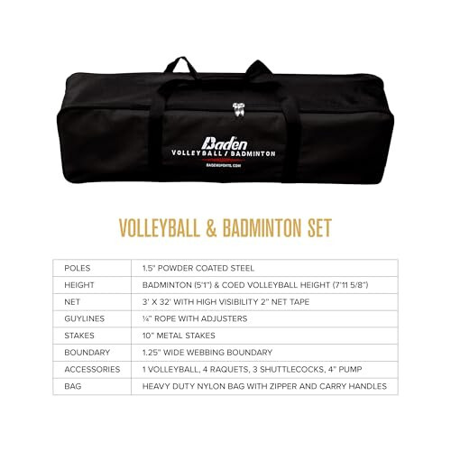 Baden Champions Volleyball/Badminton Portable Combo Set, 4 Raquets + 3 Birdies + Boundary + Volleyball + Pump + Carry Bag - 3