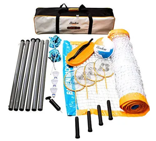 Baden Champions Volleyball/Badminton Portable Combo Set, 4 Raquets + 3 Birdies + Boundary + Volleyball + Pump + Carry Bag - 8