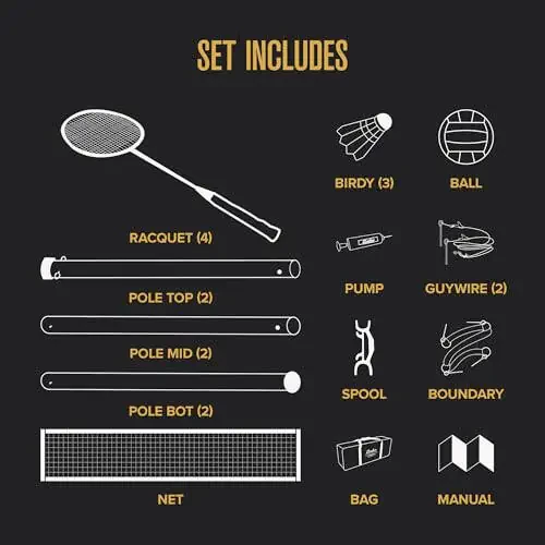 Baden Champions Volleyball/Badminton Portable Combo Set, 4 Raquets + 3 Birdies + Boundary + Volleyball + Pump + Carry Bag - 5