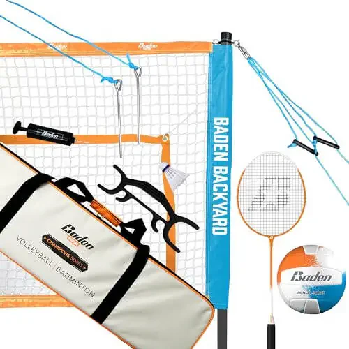 Baden Champions Volleyball/Badminton Portable Combo Set, 4 Raquets + 3 Birdies + Boundary + Volleyball + Pump + Carry Bag - 6