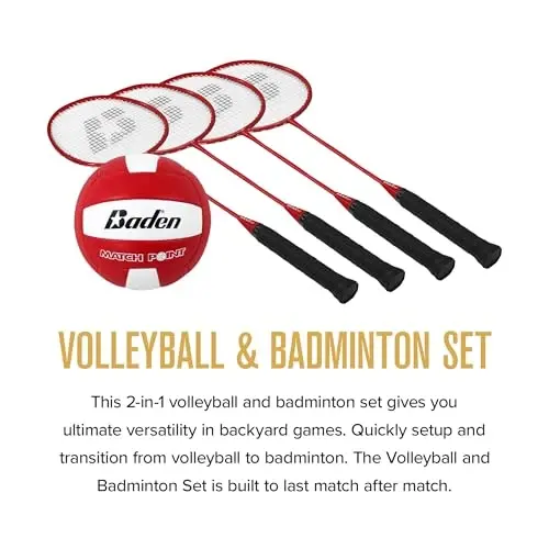 Baden Champions Volleyball/Badminton Portable Combo Set, 4 Raquets + 3 Birdies + Boundary + Volleyball + Pump + Carry Bag - 4