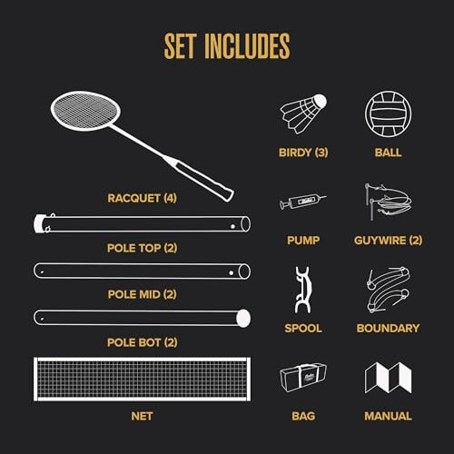 Baden Champions Volleyball/Badminton Portable Combo Set, 4 Raquets + 3 Birdies + Boundary + Volleyball + Pump + Carry Bag - 5