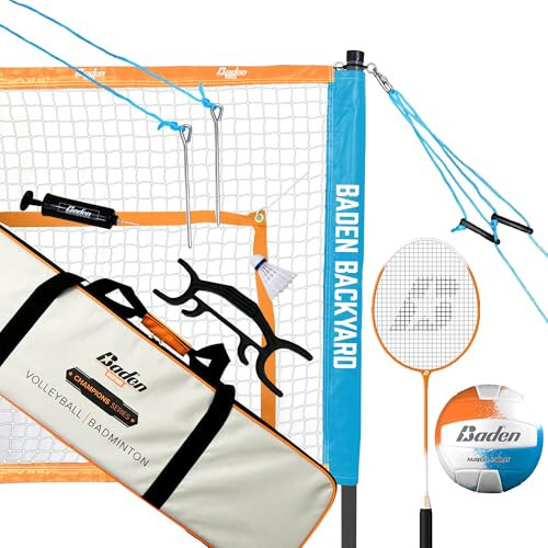Baden Champions Volleyball/Badminton Portable Combo Set, 4 Raquets + 3 Birdies + Boundary + Volleyball + Pump + Carry Bag - 6