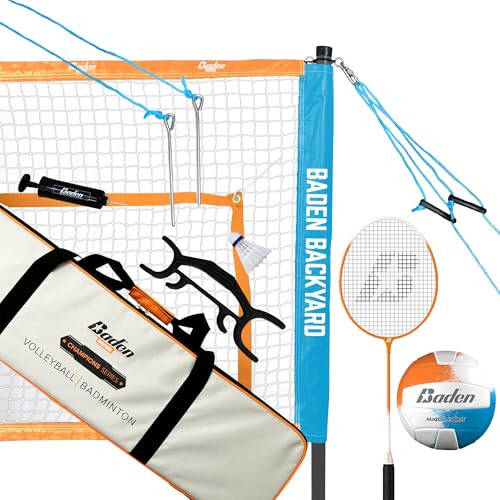 Baden Champions Volleyball/Badminton Portable Combo Set, 4 Raquets + 3 Birdies + Boundary + Volleyball + Pump + Carry Bag - 6