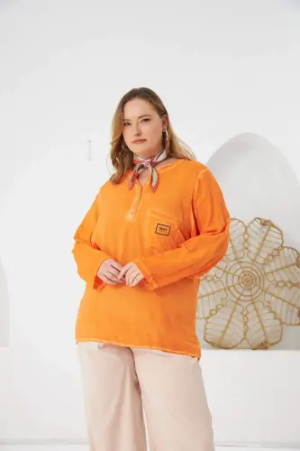 Badge Detailed Plus Size Washed Blouse Orange - 1
