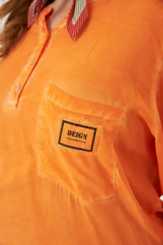 Badge Detailed Plus Size Washed Blouse Orange - 2