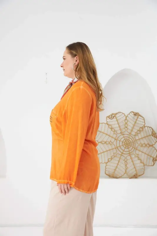 Badge Detailed Plus Size Washed Blouse Orange - 3