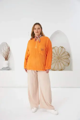 Badge Detailed Plus Size Washed Blouse Orange - 4