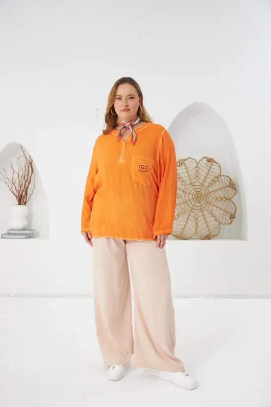 Badge Detailed Plus Size Washed Blouse Orange - 4