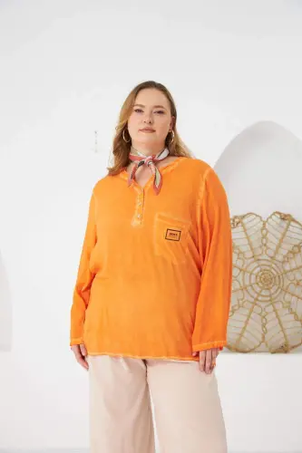 Badge Detailed Plus Size Washed Blouse Orange - 5