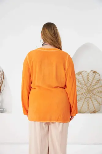 Badge Detailed Plus Size Washed Blouse Orange - 6