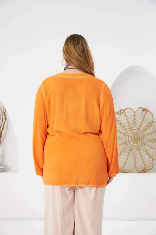 Badge Detailed Plus Size Washed Blouse Orange - 6