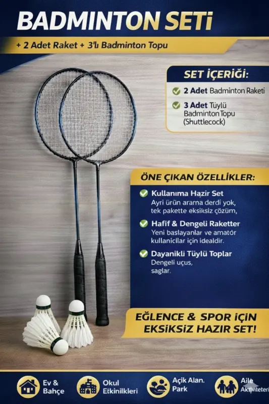 CKSpor Badminton Seti 2 Adet Premium Raket + 3 Adet Top Dayanıklı – Hafif-Mavi - SLİPT