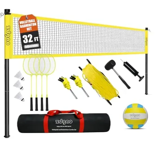 Badminton va voleybol toʻplami - 32 FT sozlanishi mumkin boʻlgan professional voleybol toʻri, gazon, hovli uchun, oʻrnatish oson voleybol toʻplami, voleybol toʻpi, badminton raketkalari, sumka, oilaviy oʻyin uchun chegara chizigʻi - 1