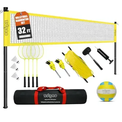 Badminton & Volleyball Combo Set- 32FT Adjustable Professional Volleyball Net for Lawn, Backyard, Easy Set up Volley ball Set with Volley ball,Badminton Racquets,Carry Bag,Boundary Line for Family Fun - MODAZONE