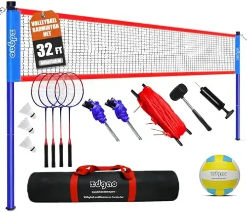 Badminton & Volleyball Combo Set - Professional Volleyball Net for Lawn, Backyard, Easy Set up Volleyball Set with Carry Bag, Boundary Line for Family Fun - 5