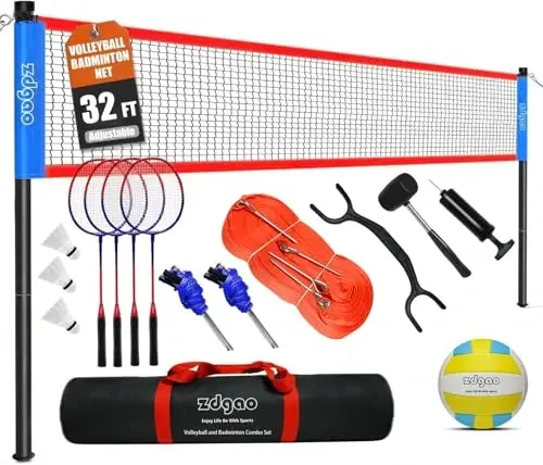 Badminton & Volleyball Combo Set - Professional Volleyball Net for Lawn, Backyard, Easy Set up Volleyball Set with Carry Bag, Boundary Line for Family Fun 