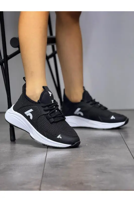 Bağcıklı Unisex Çocuk Spor Ayakkabısı-Siyah-Beyaz - Siyah-Beyaz - 1
