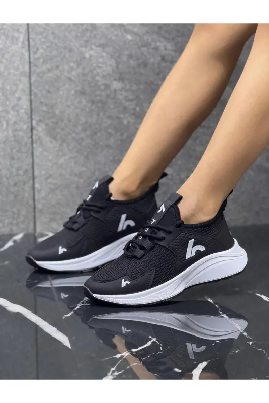 Bağcıklı Unisex Çocuk Spor Ayakkabısı-Siyah-Beyaz - Siyah-Beyaz - 4