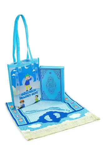 Bagged Holy Quran Tasbih Child Prayer Mat Set Blue 