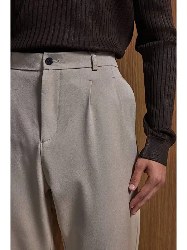 Baggy Fit Fabric Men's Pants Beige-Beige - 2