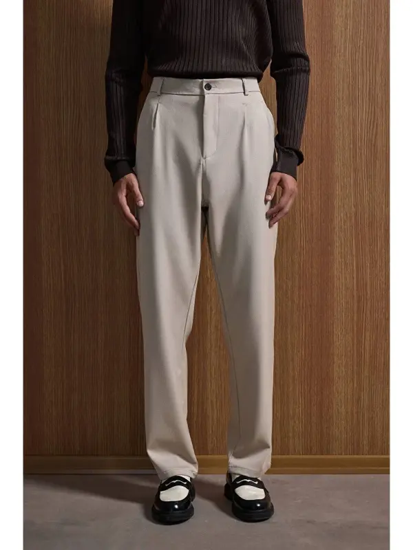 Baggy Fit Fabric Men's Pants Beige-Beige - 3